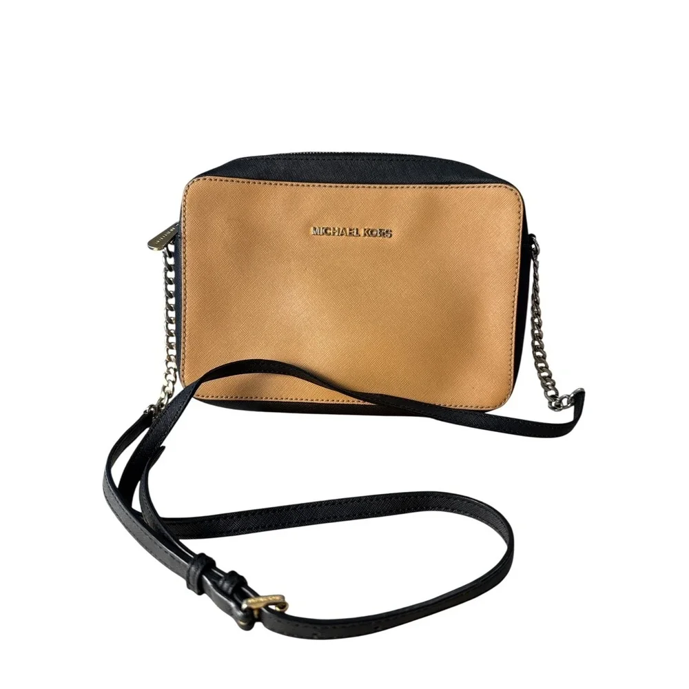 Michael Kors Jet Set Travel Large EW Crossbody Bag Cashew Black Saffiano Leather